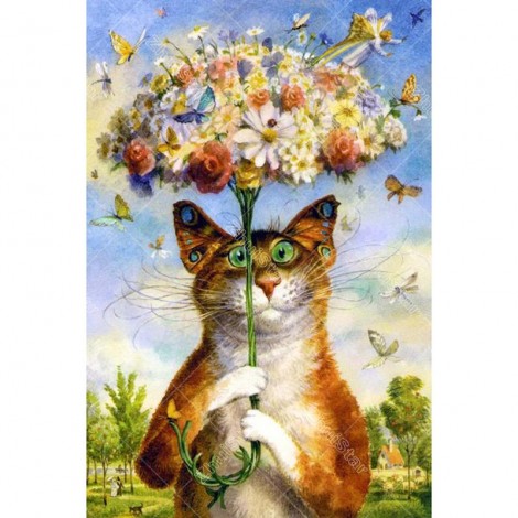 Funny Rhinestone Cross Stitch Flowers Cat VM91028