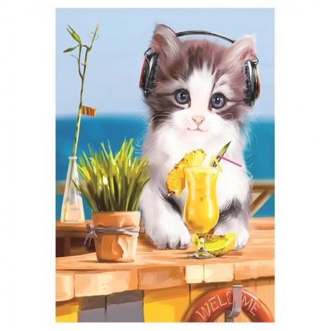 Oil Painting Style Listen Music Cat 5d Diy Cross Stitch Diamond Painting Kits UK QB7028