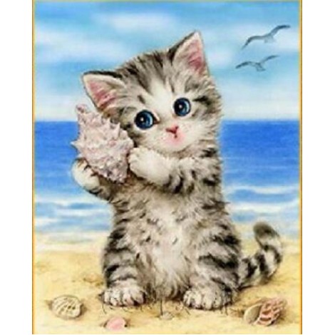 Cute Kitten And Conch On Beach Diy 5d Cross Stitch Rhinestone Painting UK VM01199