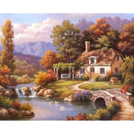 Hot Sale Oil Painting Style Village Cottage Diy 5d Diamond Painting Kits UK QB5354