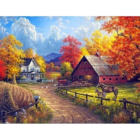 2019 Landscape Autumn Rural Farm Diy 5d Crystal Diamond Painting Kits UK VM39033