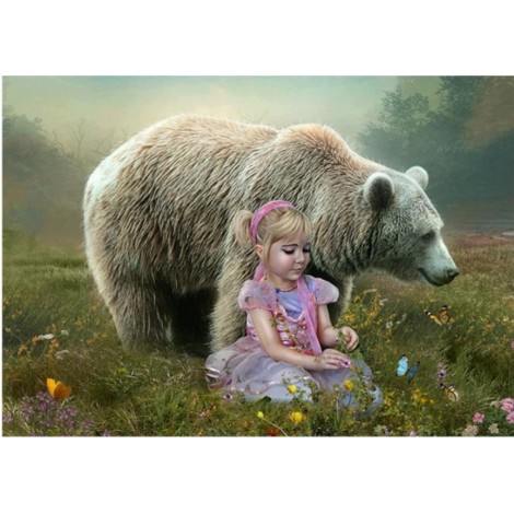 Pretty Little Girl And Big Bear Diamond Painting Kits UK AF9704