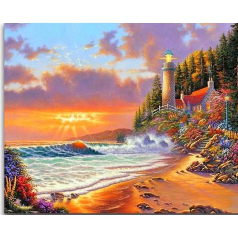 2019 Oil Painting Style Landscape Lighthouse 5d Diy Diamond Painting Kits UK VM20229