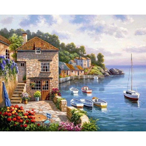 New Arrival Oil Painting Style Seaside Cottage Diy 5d Diamond Painting Kits UK QB5357