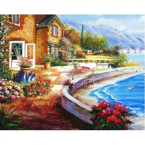 2019 Oil Painting Style Seaside Cottage Diy 5d Diamond Painting Kits UK QB5358