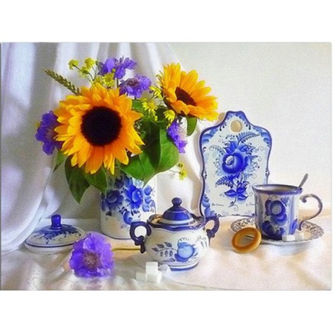 New Tableware Sunflowers 5D DIY Cross Stitch Diamond Painting Kits UK NB0128