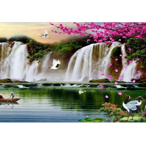 Oil Painting Style Waterfall Crane 5D Diy Cross Stitch Diamond Painting Kits UK NA0069