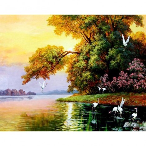 Oil Painting Style Crane And Swans In Lake 5D Diy Diamond Painting Kits UK NA00069