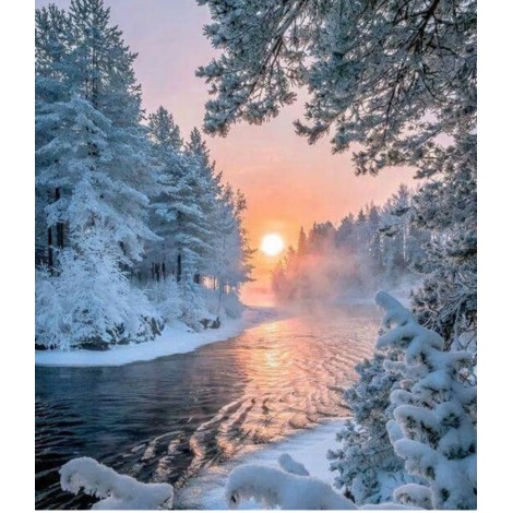 2019 Winter Tranquil Forest And Sunset Nature Rhinestone Cross Stitch UK VM1364