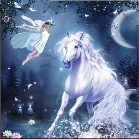 Fantasy Dream Wall Decor  White Horse Fairy 5d Diy Diamond Painting Kits UK VM7615